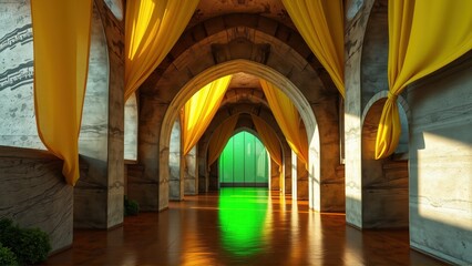 Fototapeta premium Long corridor features stone arches, draped fabric, glowing green light source. Warm tones dominate interior space. Dramatic shadows present.