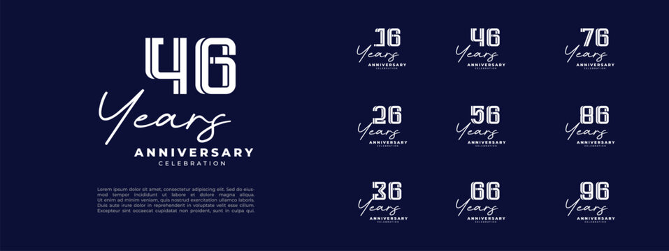 anniversary logo set multiple line style. white color text on dark blue background for celebration moment