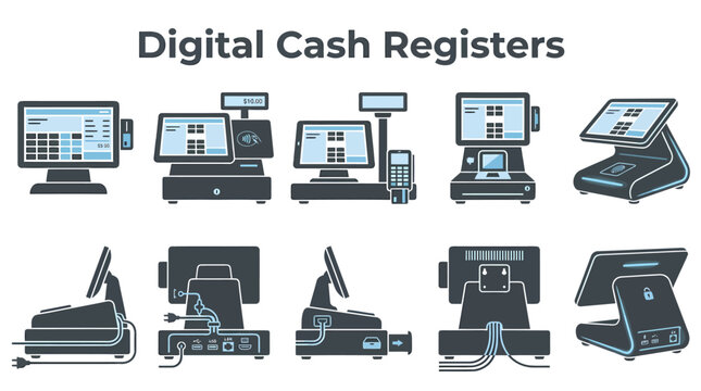 Illustration of digital cash register models showing front and back views of various point of sale systems