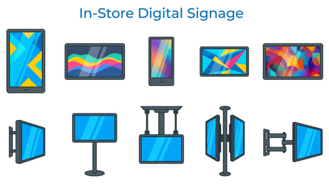 Illustrated icons of various digital signage screens including wallmounted freestanding and ceilinghung displays