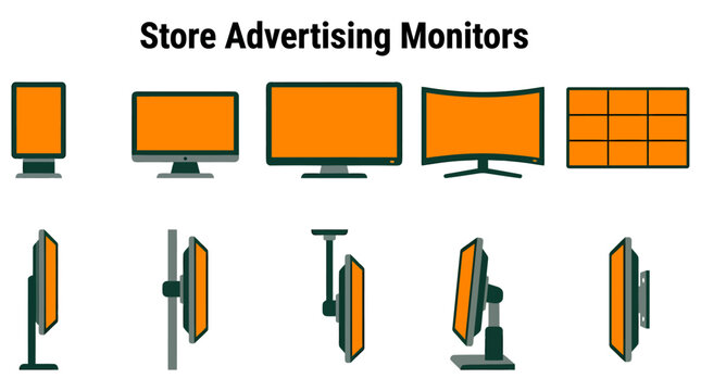 Illustration of store advertising monitor types and mounting configurations on a plain white background