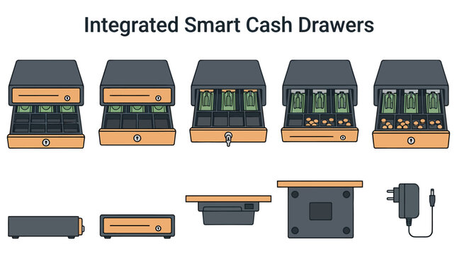 Vector illustration showing various angles of smart cash drawers with banknotes coins and a power adapter