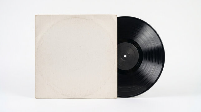 A black vinyl record partially pulled out of a blank white paper sleeve.
