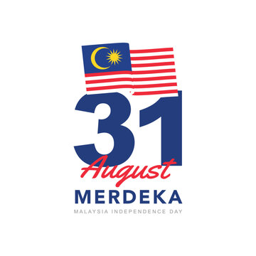 Malaysia Independence Day with 31 August and a waving national flag isolated on white background