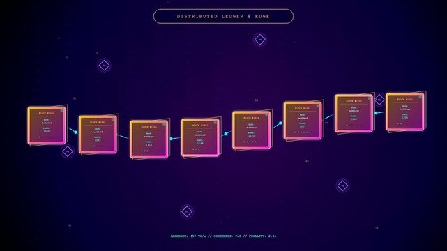 A digital visualization displays a secure edge computing network where block ledgers dynamically connect and process encrypted transactional data in real time