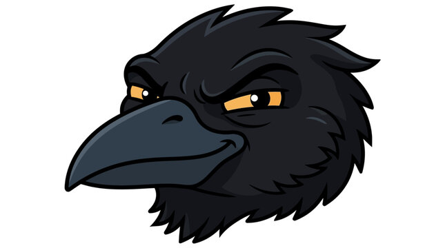 Angry crow mascot head vector illustration, fierce black raven character with yellow eyes, aggressive bird sports logo design on white background