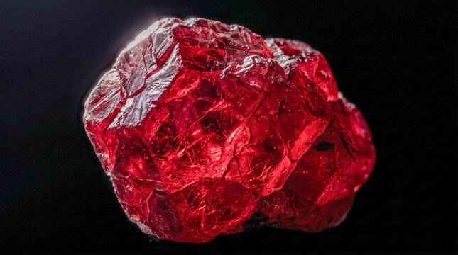 A close up view of a raw red ruby crystal isolated on a black background.
