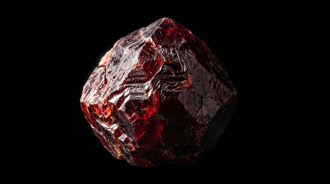 A single raw red garnet crystal gemstone isolated on a black background.