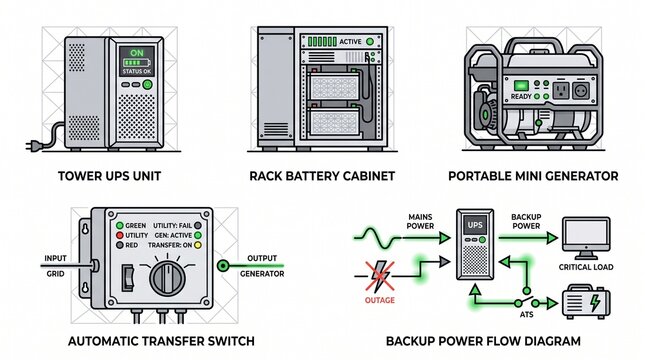 Backup power systems including tower UPS unit, rack battery cabinet, and portable mini generator with automatic transfer switch and diagram.