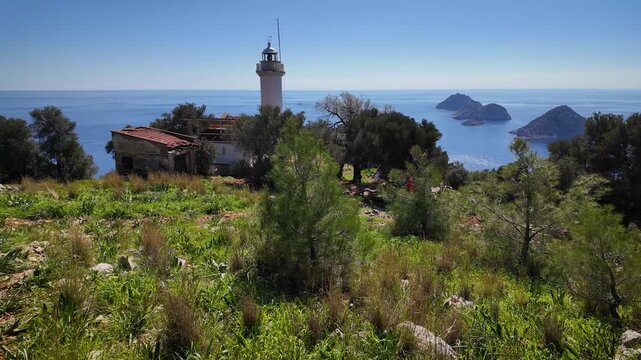 Gelidonya Lighthouse on Mediterranean Coast in Turkey - LS Panoramic View UHD