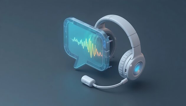 3D render of a pair of headphones with a microphone next to a glowing glass speech bubble showing an audio waveform representing customer service podcasting voice communication and sound analysis