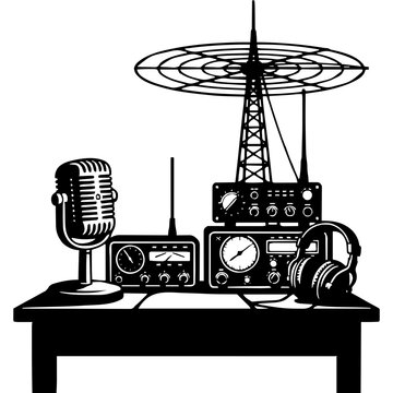 Ein Vintage-Funkarbeitsplatz mit Mikrofon, Kopfh&ouml;rern und Funkger&auml;t erinnert an klassische Amateurfunktechnik. Das Motiv besitzt einen authentischen Retro-Charme.KI Generiert