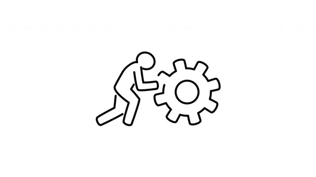 Minimalist outline animation of businessman pushing heavy mechanical gear process icon drawing on and fading out. Features a clean pop up style in 3 color setups.
