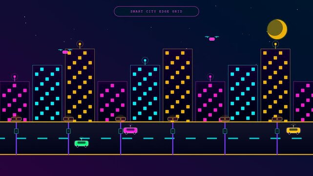 In this looping 2D animation an edge computing network coordinates smart city infrastructure with self driving cars and flying drones at night