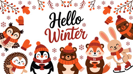 Fototapeta premium Hello winter typography vector greeting card with cute cartoon forest animals holding hot drinks and skating on white background