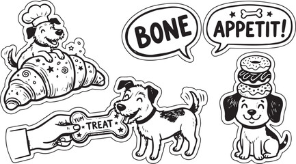 Fototapeta premium Bone Appetit Dog and Bakery Treats Hand Drawn Vector Illustration. Cute Puppy Chef with Croissant, Pet Eating Bone, Balancing Donuts, and Doodle Typography Graphics Layout on White Background.