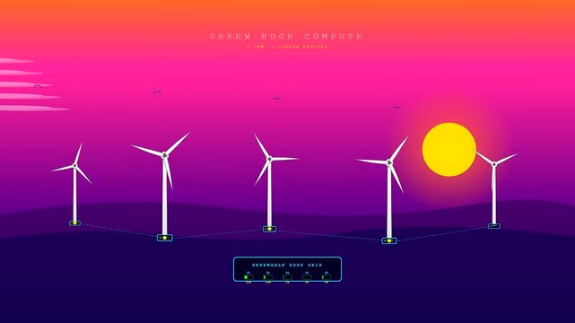 An eco friendly edge computing network operates seamlessly as wind turbines spin against a vibrant gradient sunset sky representing sustainable technology.
