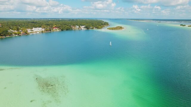 Aerial of Canal de los Piratas Bacalar showing blue and green water of lagoon
