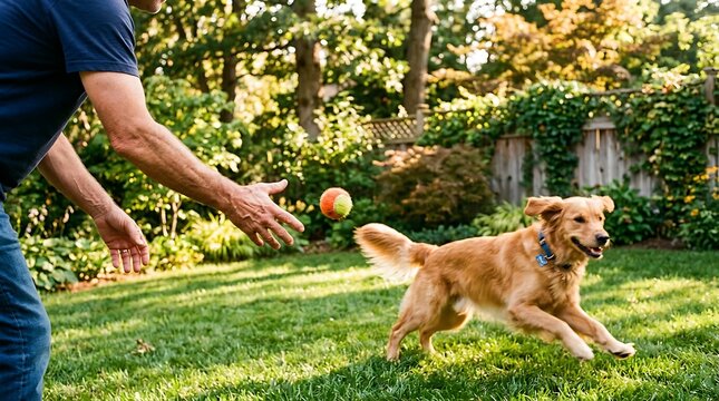 Man Playing Fetch with Golden Retriever Dog in Sunny Backyard Garden