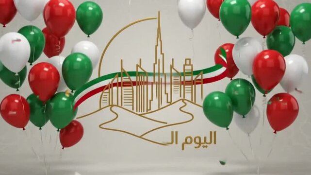 Balloons in uae flag colors with a golden outline of the burj khalifa and desert landscape