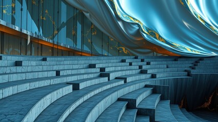 Fototapeta premium Futuristic auditorium interior. Steps lead toward stage. Dramatic lighting creates flowing shapes, cool tones dominate scene.