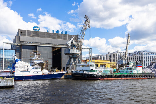 Saint Petersburg, Russia - June 23, 2026: view of Almaz shipbuilding on Petrovsky island in Saint Petersburg city on sunny summer day