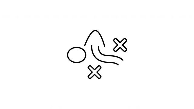Minimalist outline animation of tactical playbook board strategy plan arrow icon drawing on and fading out. Features a clean pop up style in 3 color setups.