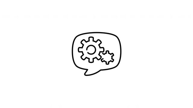 Minimalist outline animation of speech bubble discussion gear settings icon drawing on and fading out. Features a clean pop up style in 3 color setups.