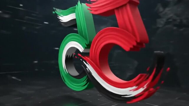 55th uae national day celebration graphic, bold brushstroke number 55 in red and uae flag colors on a dark textured background