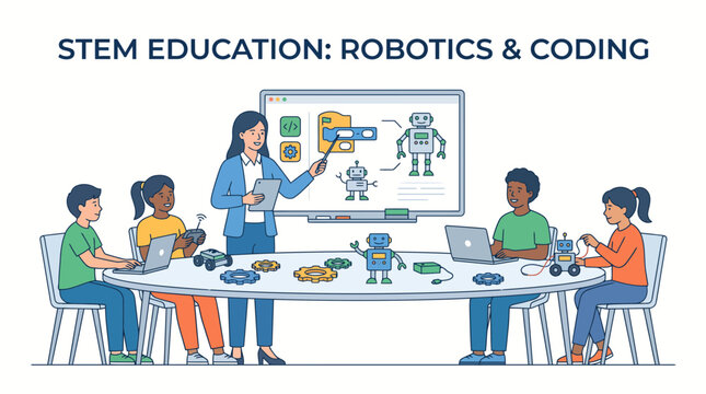 Teacher explaining robotics and coding to kids in STEM class