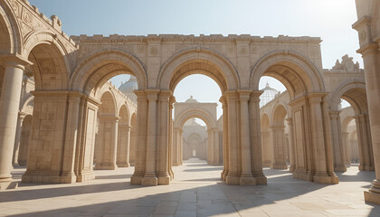Obraz premium Ancient stone arched colonnade with domed structures in background