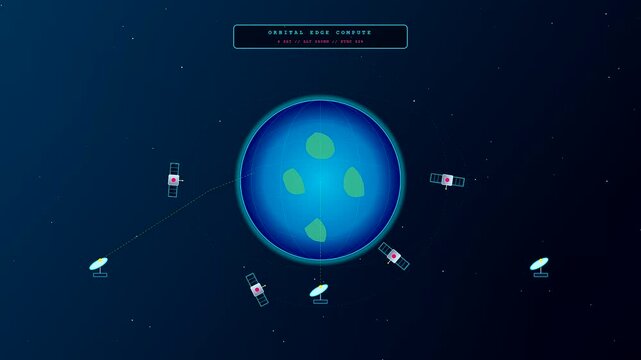 An advanced orbital edge computing network utilizes satellites to transmit data beams down to ground stations on Earth in this seamless conceptual animation.