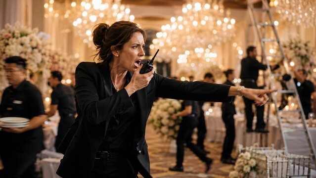 A professional event coordinator woman using a walkie talkie to manage a busy luxury banquet hall. Excellent for business management, hospitality training, and corporate event articles.