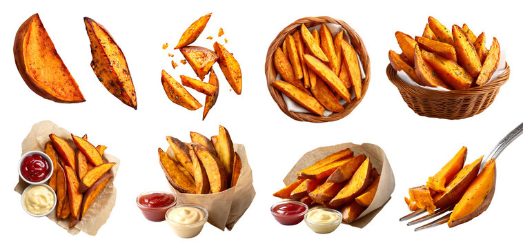 Set of sweet potato potatoes wedges wedge slices, takeout paper wrap bag with mayo ketchup sauce, rattan basket with napkin, fork, fly stack broken bitten pile, on transparent cutout PNG. Mockup