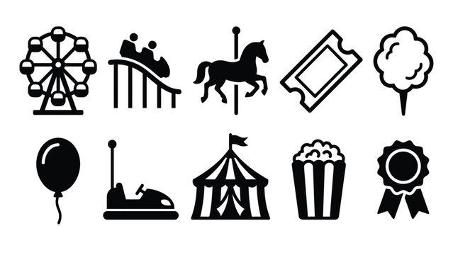 Set of 10 carnival and fairground icons. ferris wheel, roller coaster, carousel, ticket, cotton candy, balloon, bumper car, circus tent, popcorn, award ribbon.