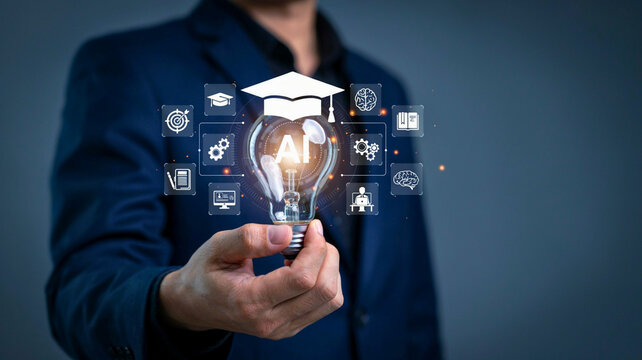 Professional Businessman Holding A Glowing Light Bulb Representing Artificial Intelligence Education And Modern Learning