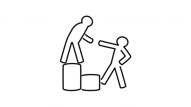 Minimalist outline animation of teammate pulling colleague up block team support icon drawing on and fading out. Features a clean pop up style in 3 color setups.