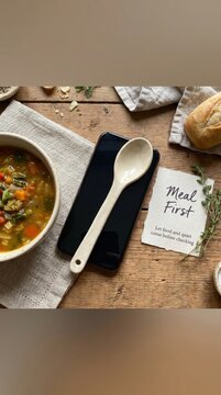 Embrace Digital Detox with a Hearty Soup Meal and "Meal First" Reminder