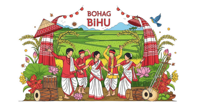 People celebrate Bohag Bihu with traditional dance in a lush green landscape