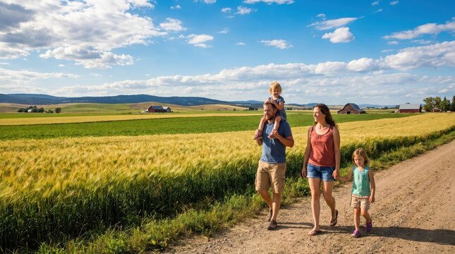 Family Enjoys Summer Bank Holiday Walk Through Rural Fields