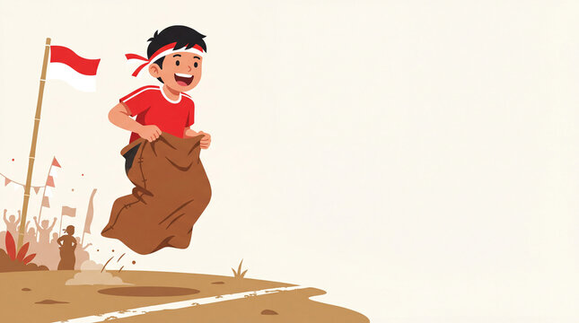 Indonesian Independence Day Traditional Game Balap Karung Sack Race Vector Illustration with Copy Space
