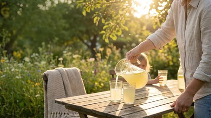 Pouring Lemonade on Summer Bank Holiday in Garden