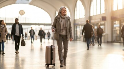 Fototapeta premium Senior Citizen Day: Woman Traveler with Suitcase at Station