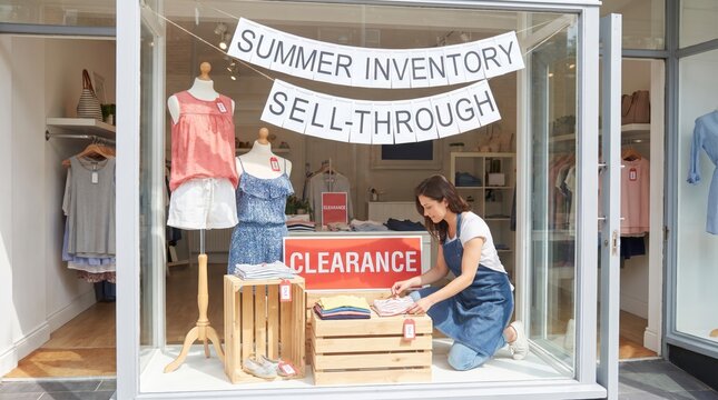 Woman Arranging Clothing for End Of Summer Retail & Clearance Campaign Kits