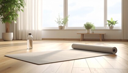 Fototapeta premium Cozy living room with a single pale beige exercise mat on wooden floor under soft diffused window light, copy space.