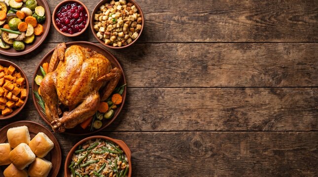 Traditional Thanksgiving dinner top view with roasted turkey, cranberry sauce, stuffing and autumn vegetables on rustic wooden background with copy space.