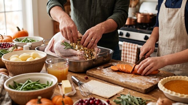 Close up of family hands stuffing raw turkey and cutting sweet potato for Thanksgiving. People preparing traditional autumn holiday dinner meal on wooden kitchen countertop rustic table.