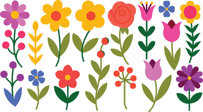 Colorful flat floral element collection featuring simple geometric spring flowers rose tulips and leaves isolated on white background vector