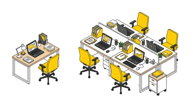 Modern isometric office workspace featuring yellow chairs and professional computer desks with organized work equipment supplies
