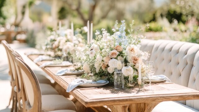 Elegant outdoor dining setup with floral arrangements, gleaming glassware, and stylish plates,table with flowers, outdoor table with flowers, wedding table setting, table setting for a party,wedding t